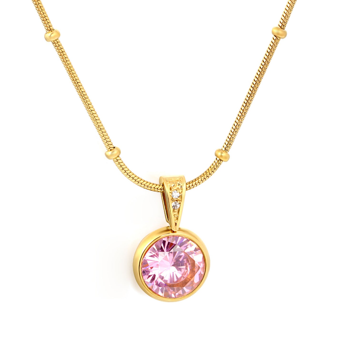 Dainty Beaded Chain Solitaire CZ Pendant Necklace in 304L Stainless Steel