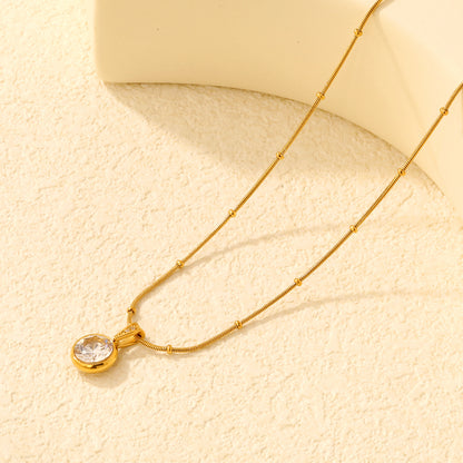 Dainty Beaded Chain Solitaire CZ Pendant Necklace in 304L Stainless Steel