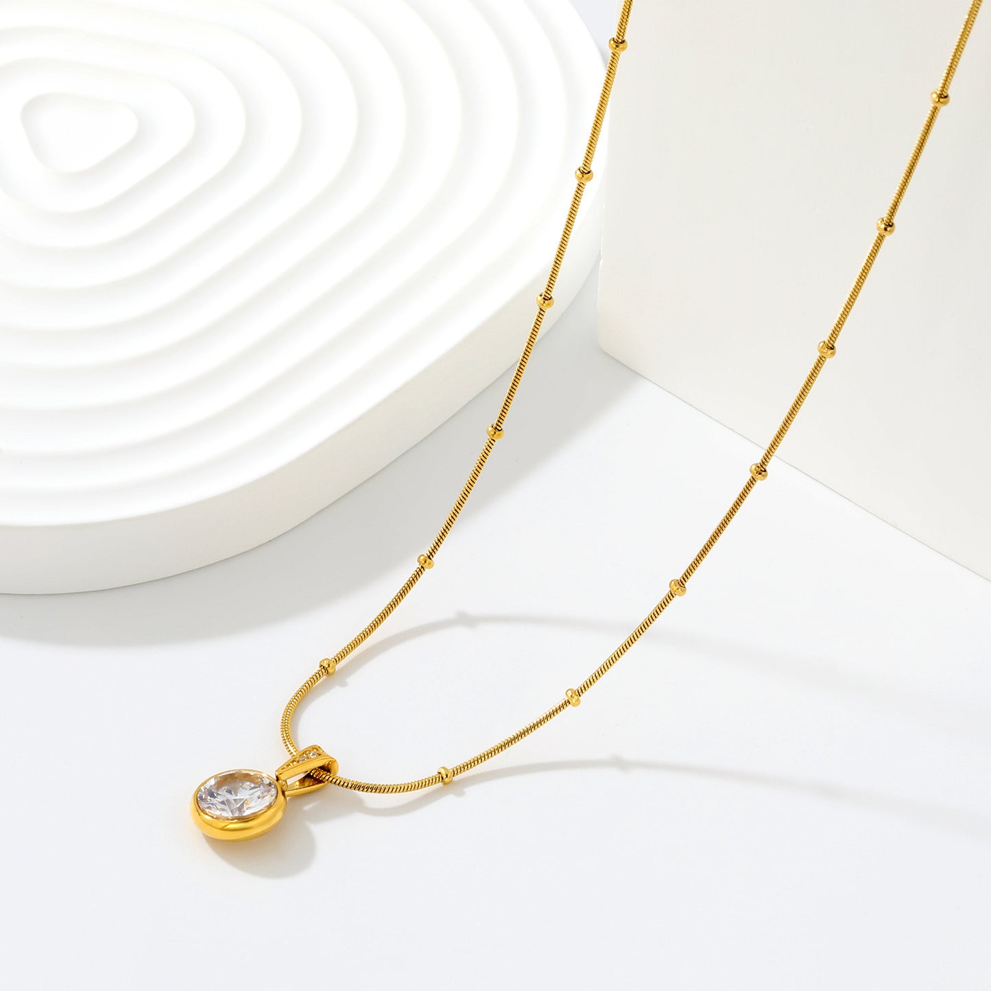Dainty Beaded Chain Solitaire CZ Pendant Necklace in 304L Stainless Steel