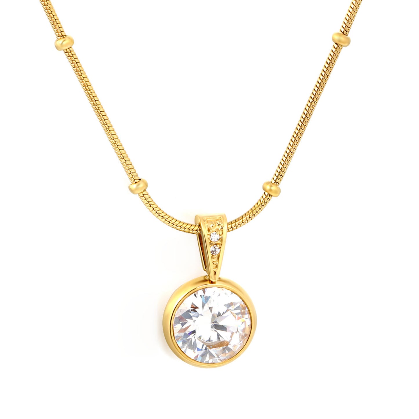 Dainty Beaded Chain Solitaire CZ Pendant Necklace in 304L Stainless Steel