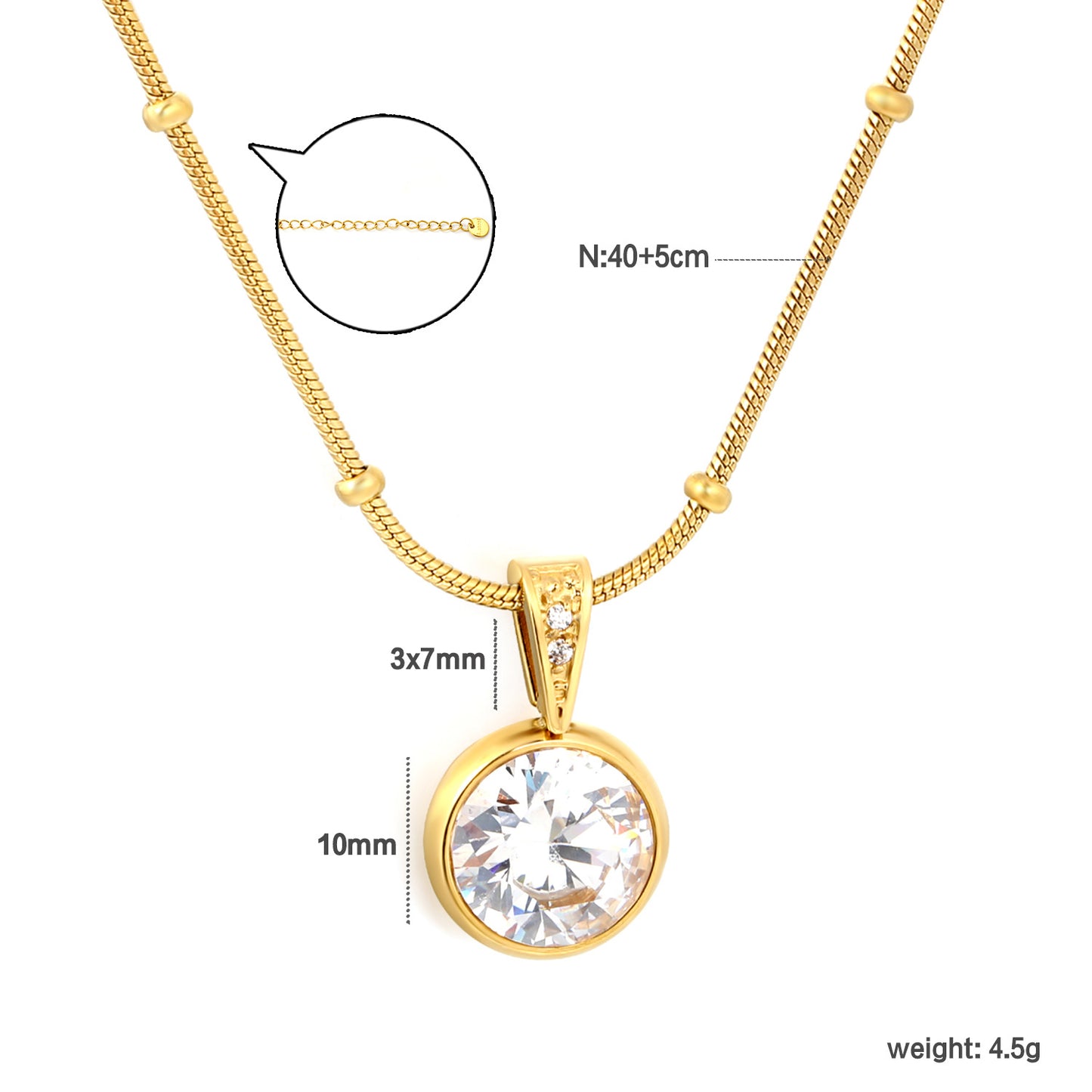 Dainty Beaded Chain Solitaire CZ Pendant Necklace in 304L Stainless Steel
