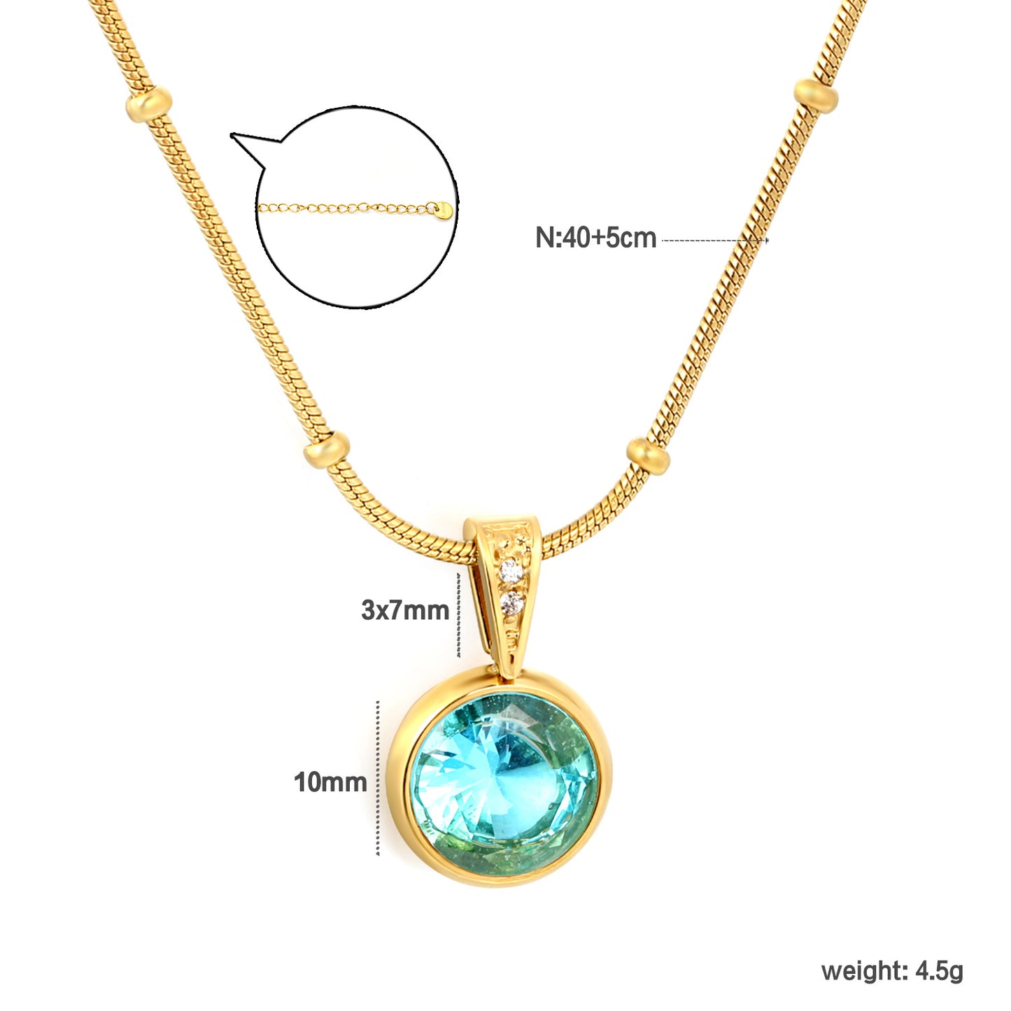 Dainty Beaded Chain Solitaire CZ Pendant Necklace in 304L Stainless Steel
