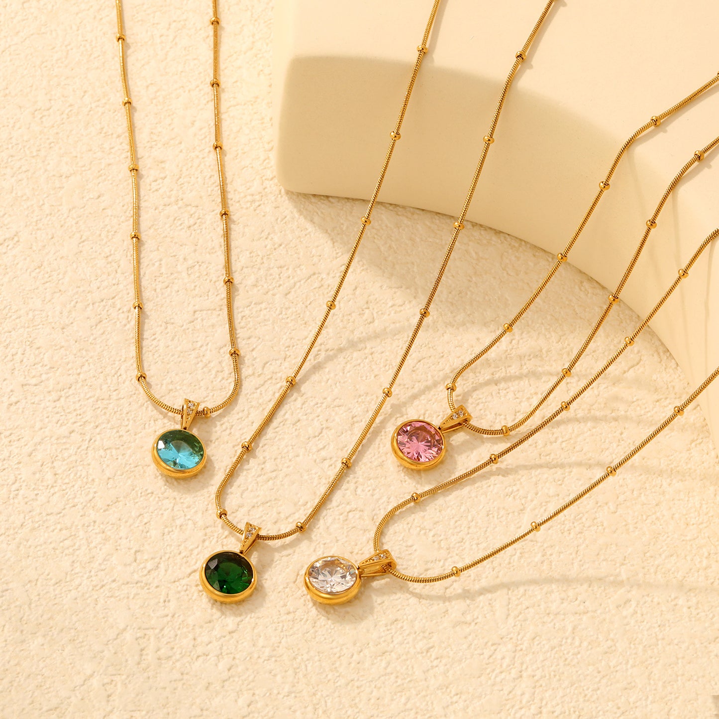 Dainty Beaded Chain Solitaire CZ Pendant Necklace in 304L Stainless Steel