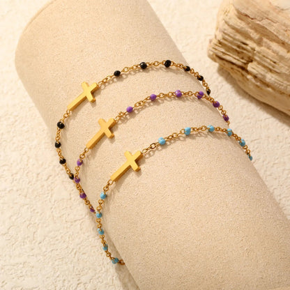 Waterproof 18K Gold Plated Black Beaded Cross Pendant Bracelet for Women