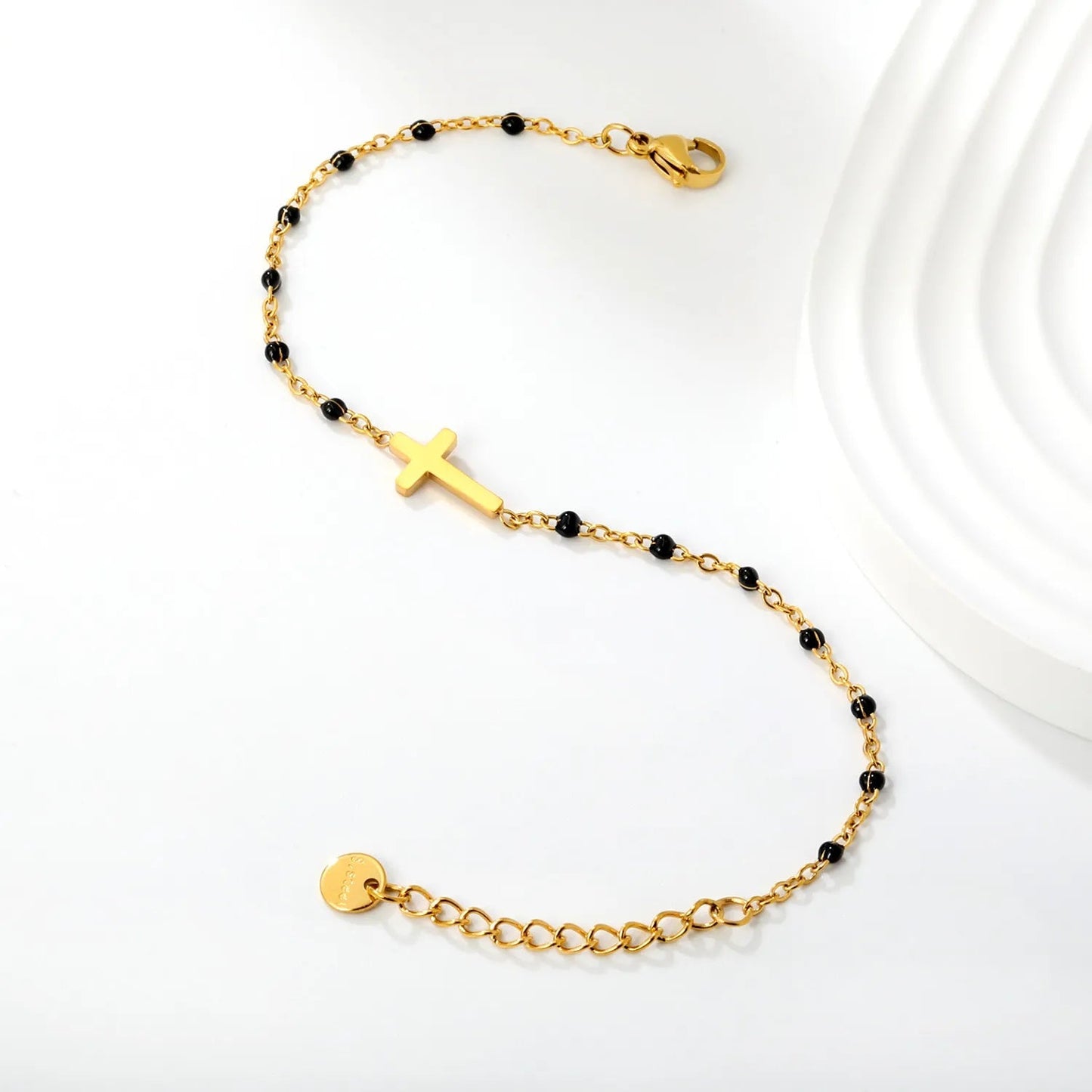 Waterproof 18K Gold Plated Black Beaded Cross Pendant Bracelet for Women