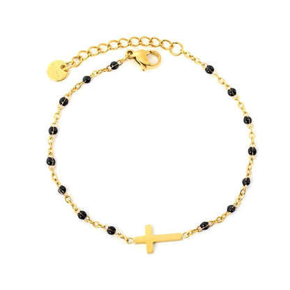 Waterproof 18K Gold Plated Black Beaded Cross Pendant Bracelet for Women