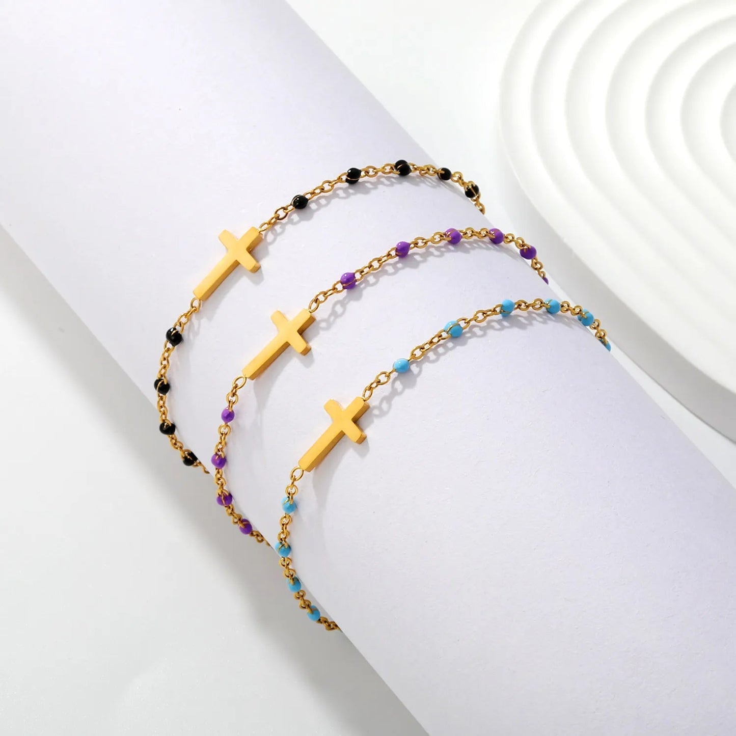 Waterproof 18K Gold Plated Black Beaded Cross Pendant Bracelet for Women