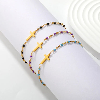 Waterproof 18K Gold Plated Black Beaded Cross Pendant Bracelet for Women