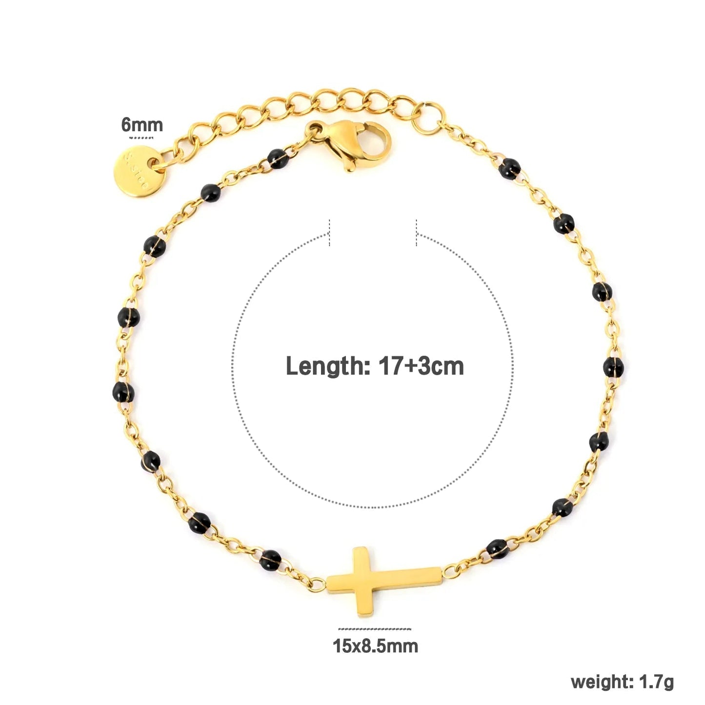 Waterproof 18K Gold Plated Black Beaded Cross Pendant Bracelet for Women