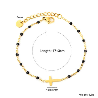 Waterproof 18K Gold Plated Black Beaded Cross Pendant Bracelet for Women