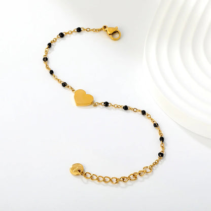Black Enamel Bead Heart Charm Cable Chain Bracelet in 304L Stainless Steel