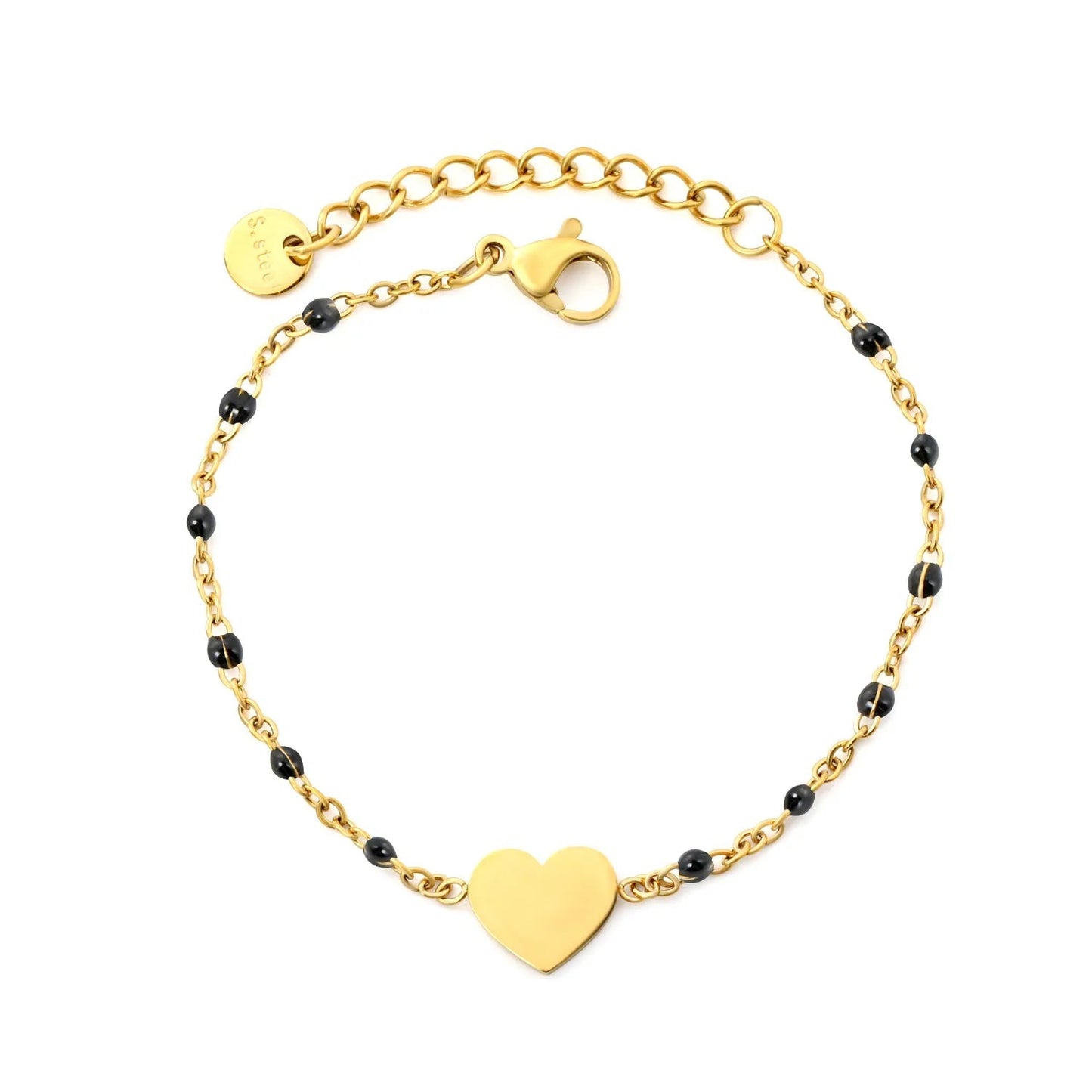 Black Enamel Bead Heart Charm Cable Chain Bracelet in 304L Stainless Steel