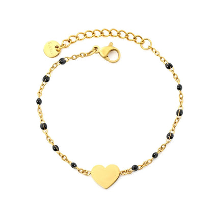 Black Enamel Bead Heart Charm Cable Chain Bracelet in 304L Stainless Steel