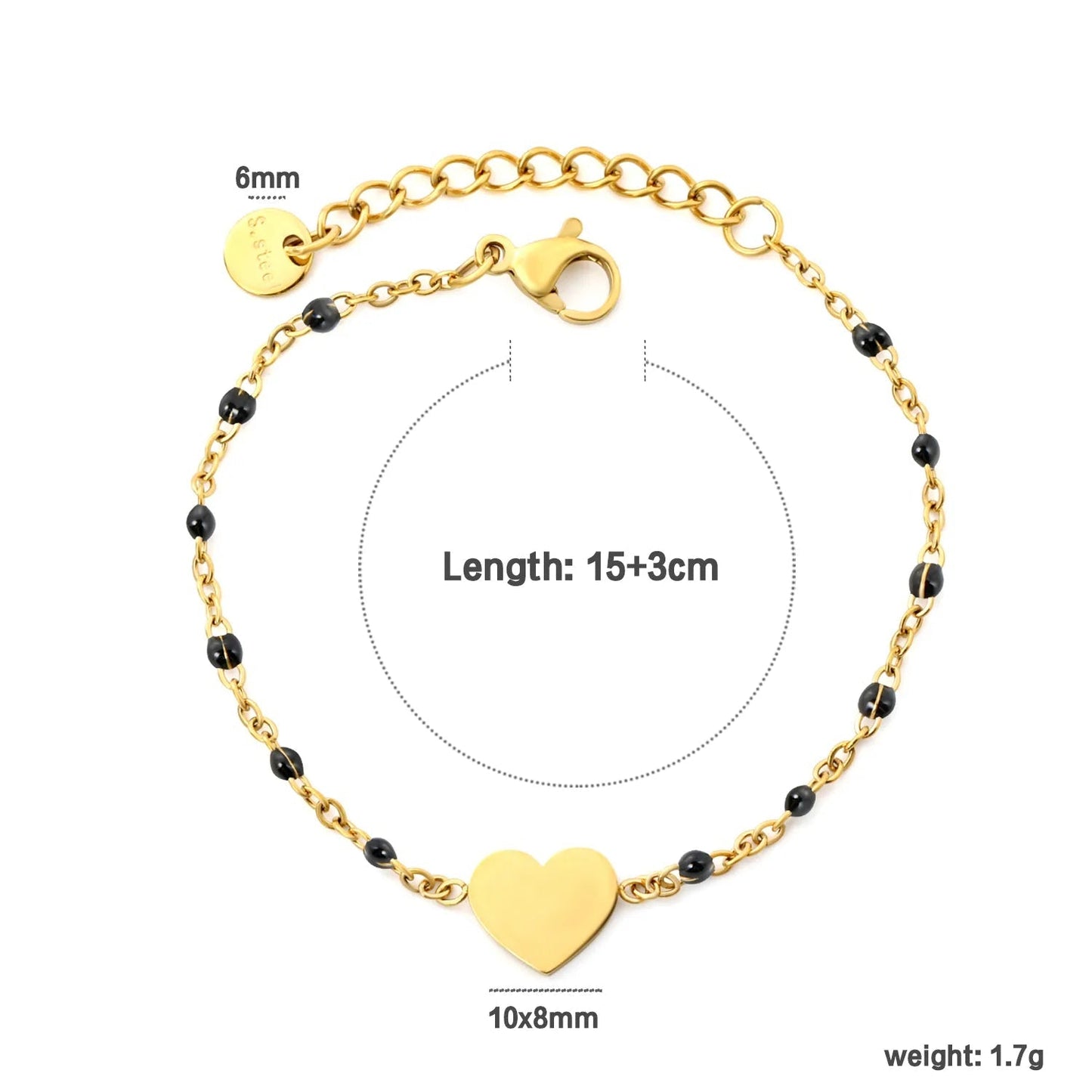 Black Enamel Bead Heart Charm Cable Chain Bracelet in 304L Stainless Steel