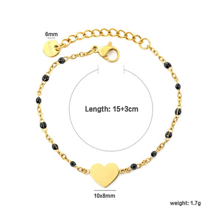 Black Enamel Bead Heart Charm Cable Chain Bracelet in 304L Stainless Steel