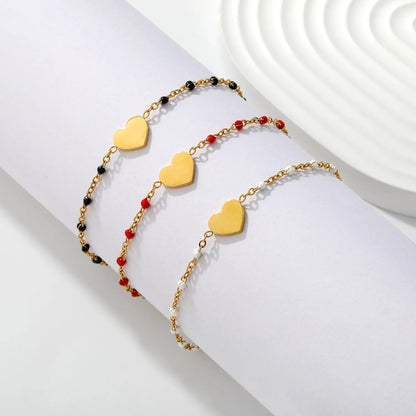 Black Enamel Bead Heart Charm Cable Chain Bracelet in 304L Stainless Steel
