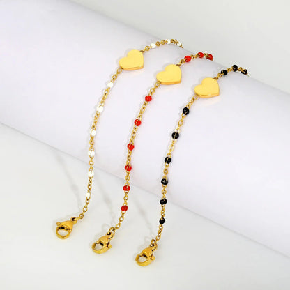 Black Enamel Bead Heart Charm Cable Chain Bracelet in 304L Stainless Steel