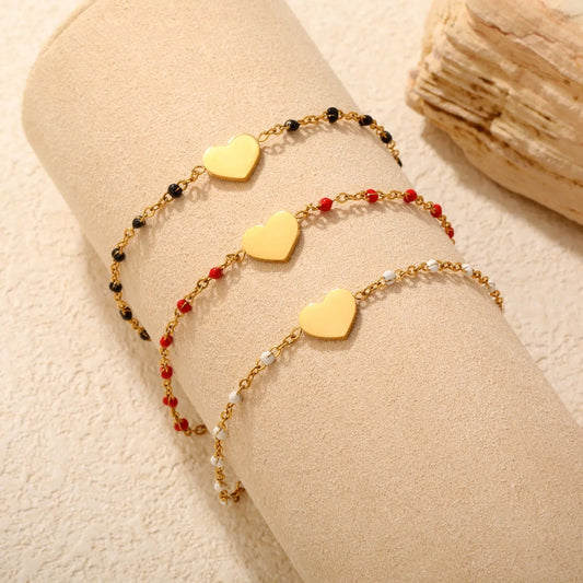 Black Enamel Bead Heart Charm Cable Chain Bracelet in 304L Stainless Steel
