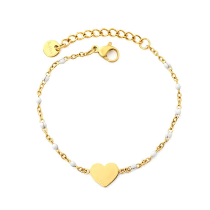 Black Enamel Bead Heart Charm Cable Chain Bracelet in 304L Stainless Steel
