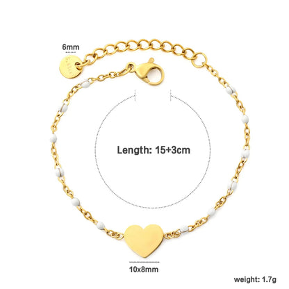 Black Enamel Bead Heart Charm Cable Chain Bracelet in 304L Stainless Steel
