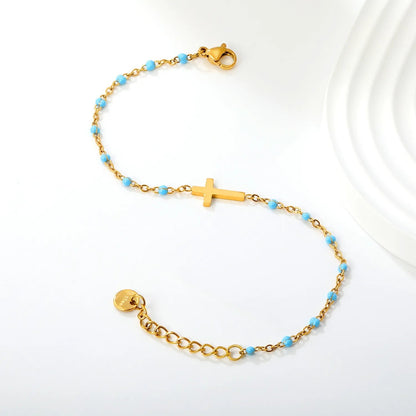 Waterproof 18K Gold Plated Black Beaded Cross Pendant Bracelet for Women