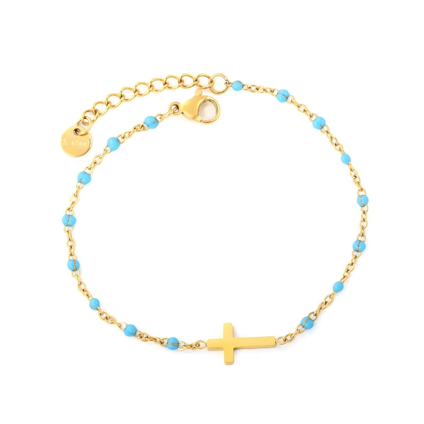 Waterproof 18K Gold Plated Black Beaded Cross Pendant Bracelet for Women