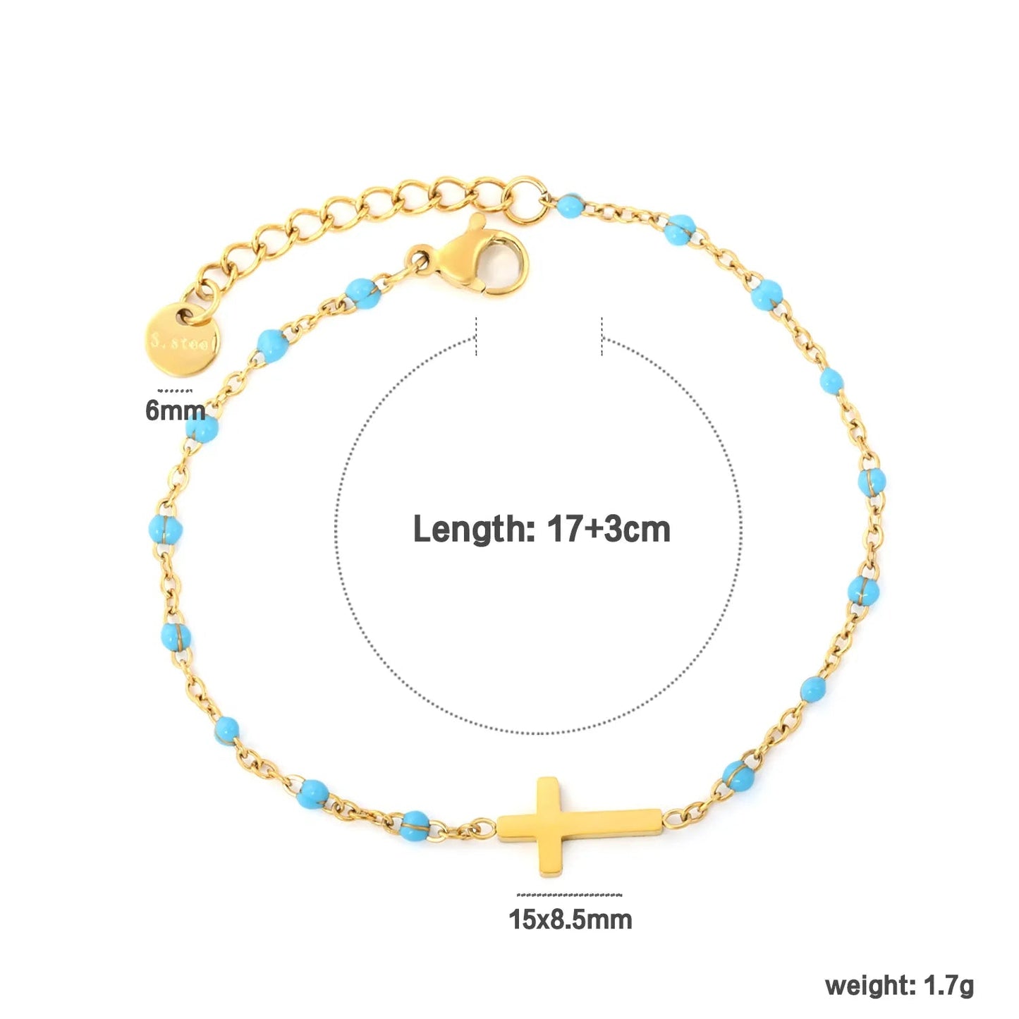 Waterproof 18K Gold Plated Black Beaded Cross Pendant Bracelet for Women