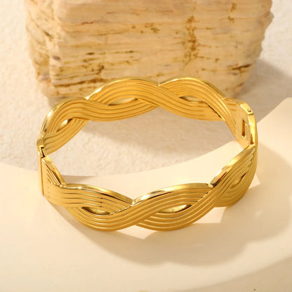 Chunky Gold Woven Cuff Bangle Waterproof Stainless Steel Twisted Hollow Wristwear for Women