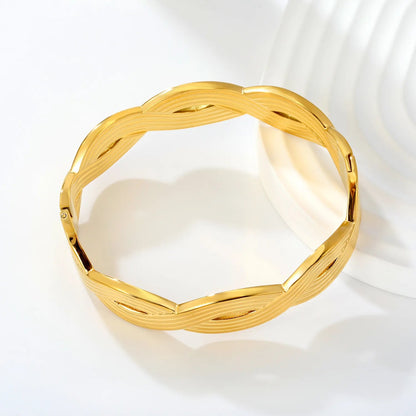 Chunky Gold Woven Cuff Bangle Waterproof Stainless Steel Twisted Hollow Wristwear for Women