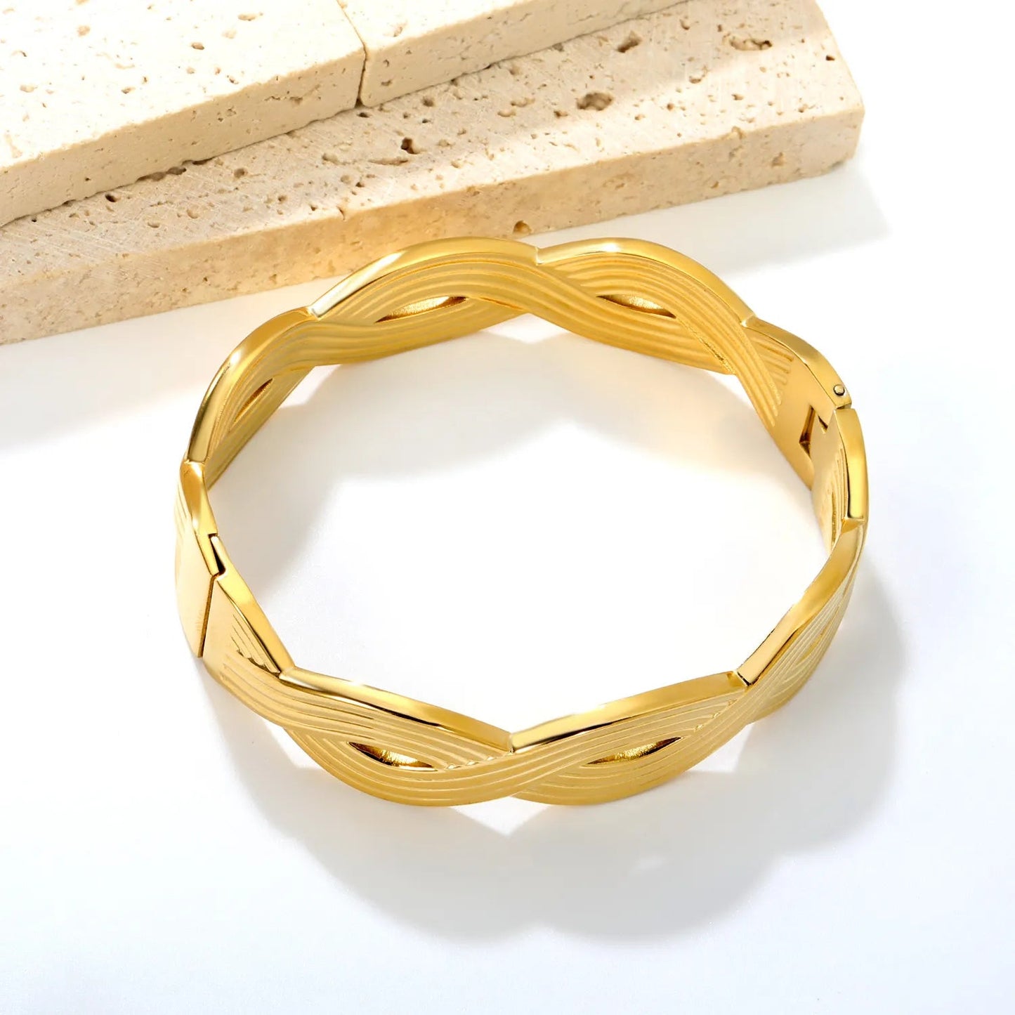 Chunky Gold Woven Cuff Bangle Waterproof Stainless Steel Twisted Hollow Wristwear for Women