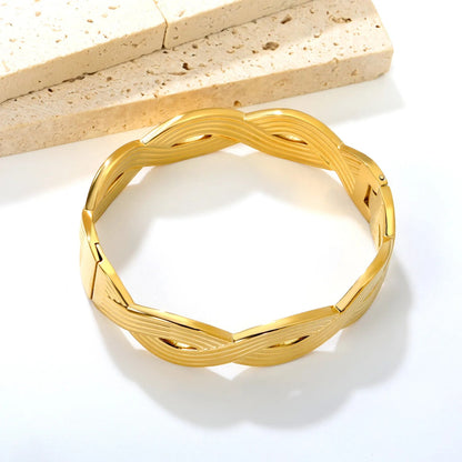 Chunky Gold Woven Cuff Bangle Waterproof Stainless Steel Twisted Hollow Wristwear for Women