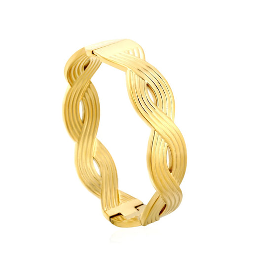 Chunky Gold Woven Cuff Bangle Waterproof Stainless Steel Twisted Hollow Wristwear for Women