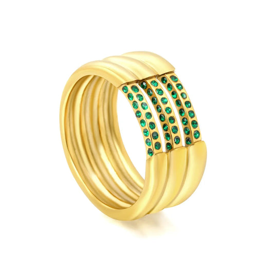 Wholesale Waterproof PVD Gold Multi-Layer Intertwined Green Zircon Ring