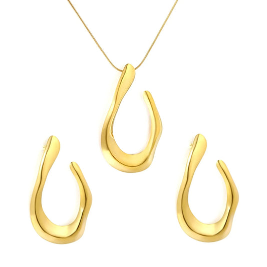 Minimalist Statement Jewelry Set 304L Steel Gold Irregular Teardrop Pendant & Earrings