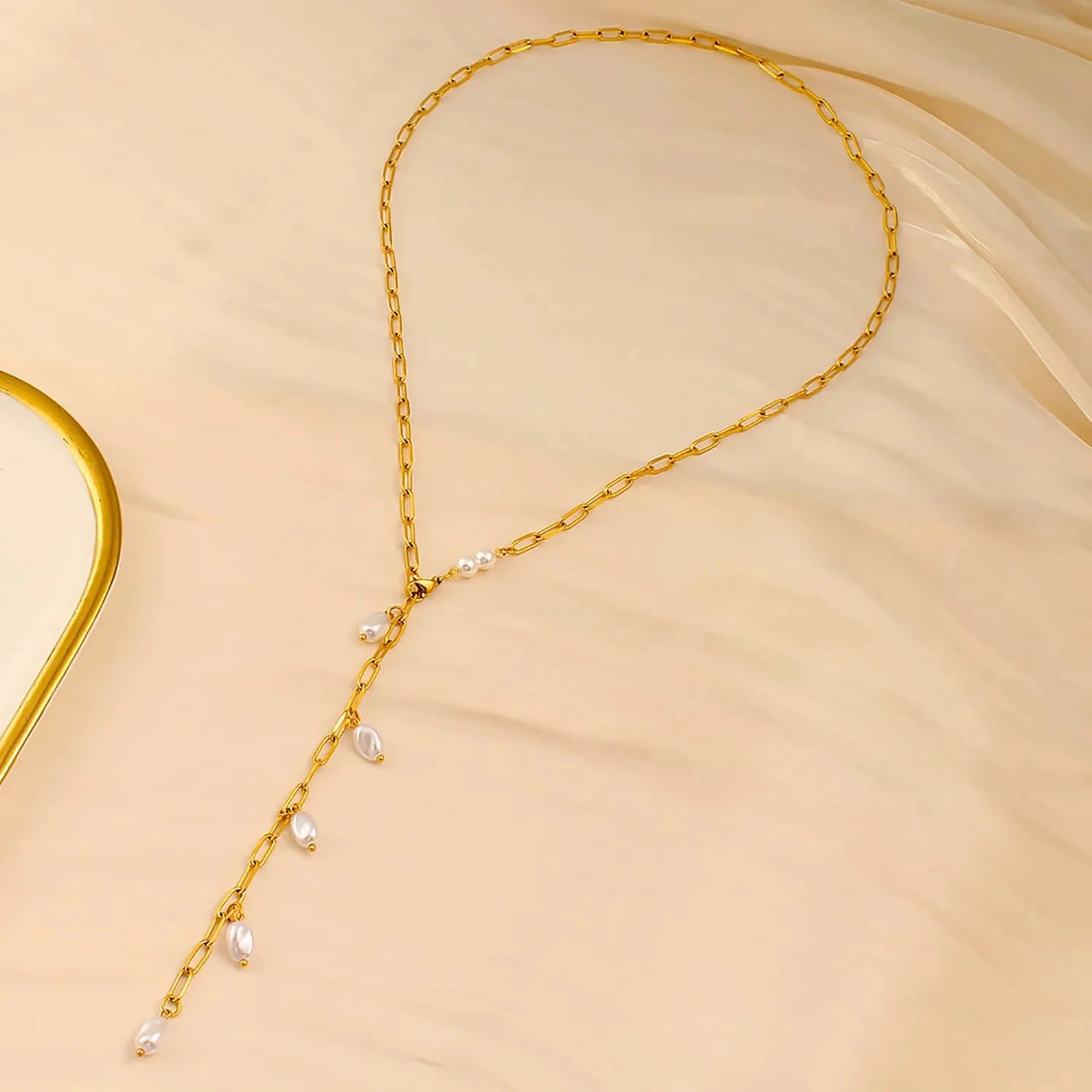 French Style Pearl Fringe Drop Necklace Stainless Steel Tarnish-Free