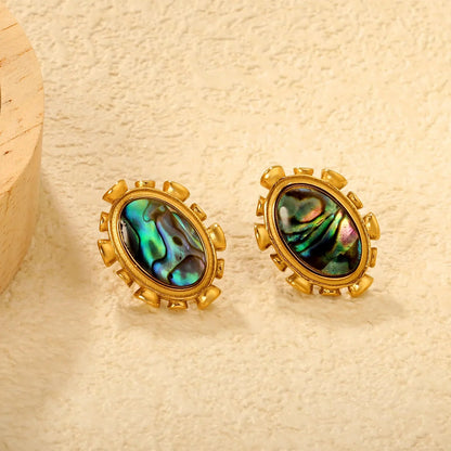 304L Stainless Steel Oval Shell Studs | Elegant Retro Gold Jewelry