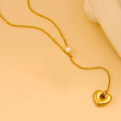 Romantic Adjustable Y-Necklace with Shell Pearl & Heart Drop Stainless Steel