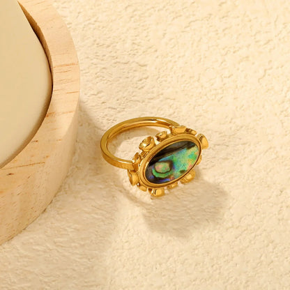 Wholesale Waterproof PVD Gold Sculpted Beaded Abalone Shell Oval Ring