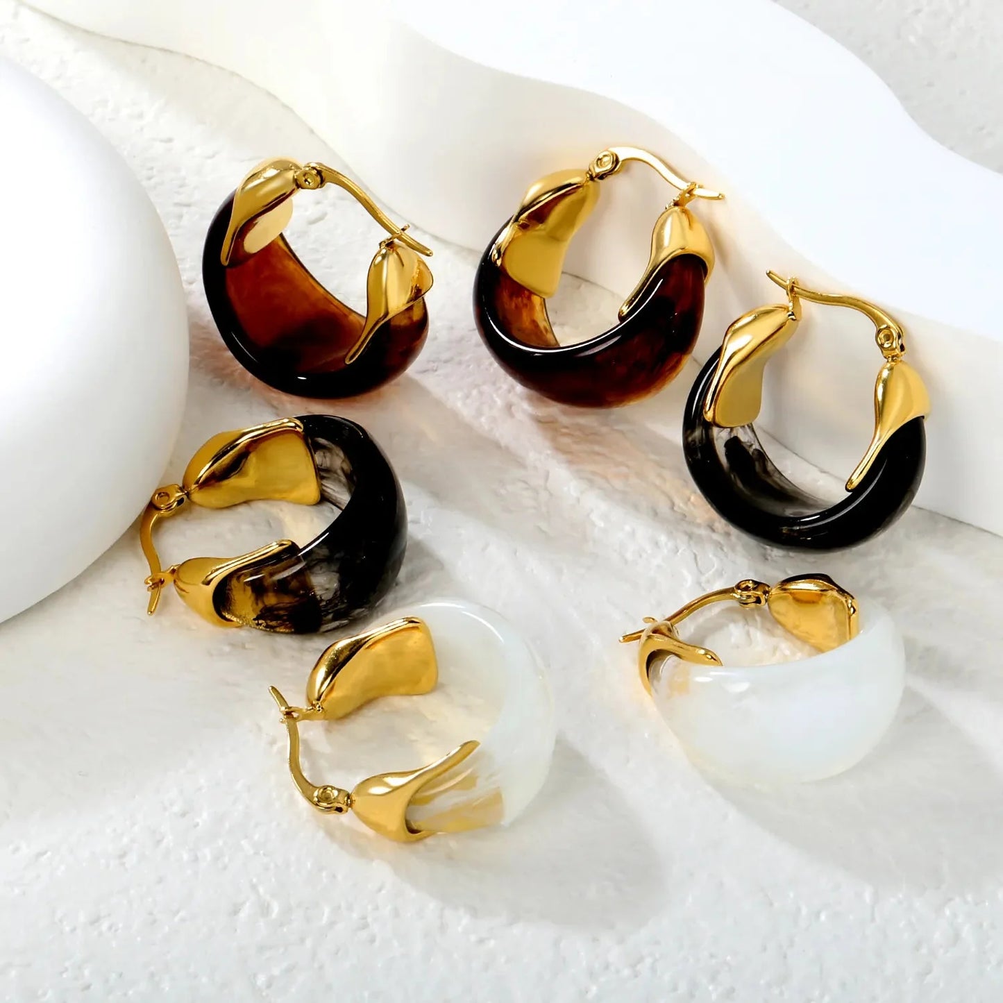 Aesthetic 304L Stainless Steel Wide Hoops | Marble Resin Gold Earrings