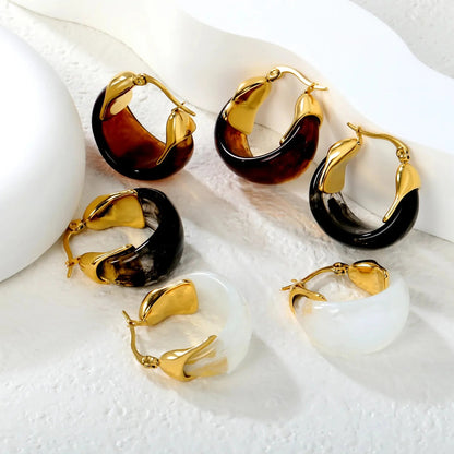 Aesthetic 304L Stainless Steel Wide Hoops | Marble Resin Gold Earrings