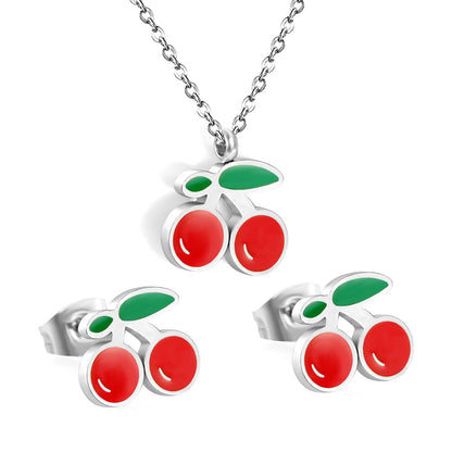 cherry enamel jewelry set-steel
