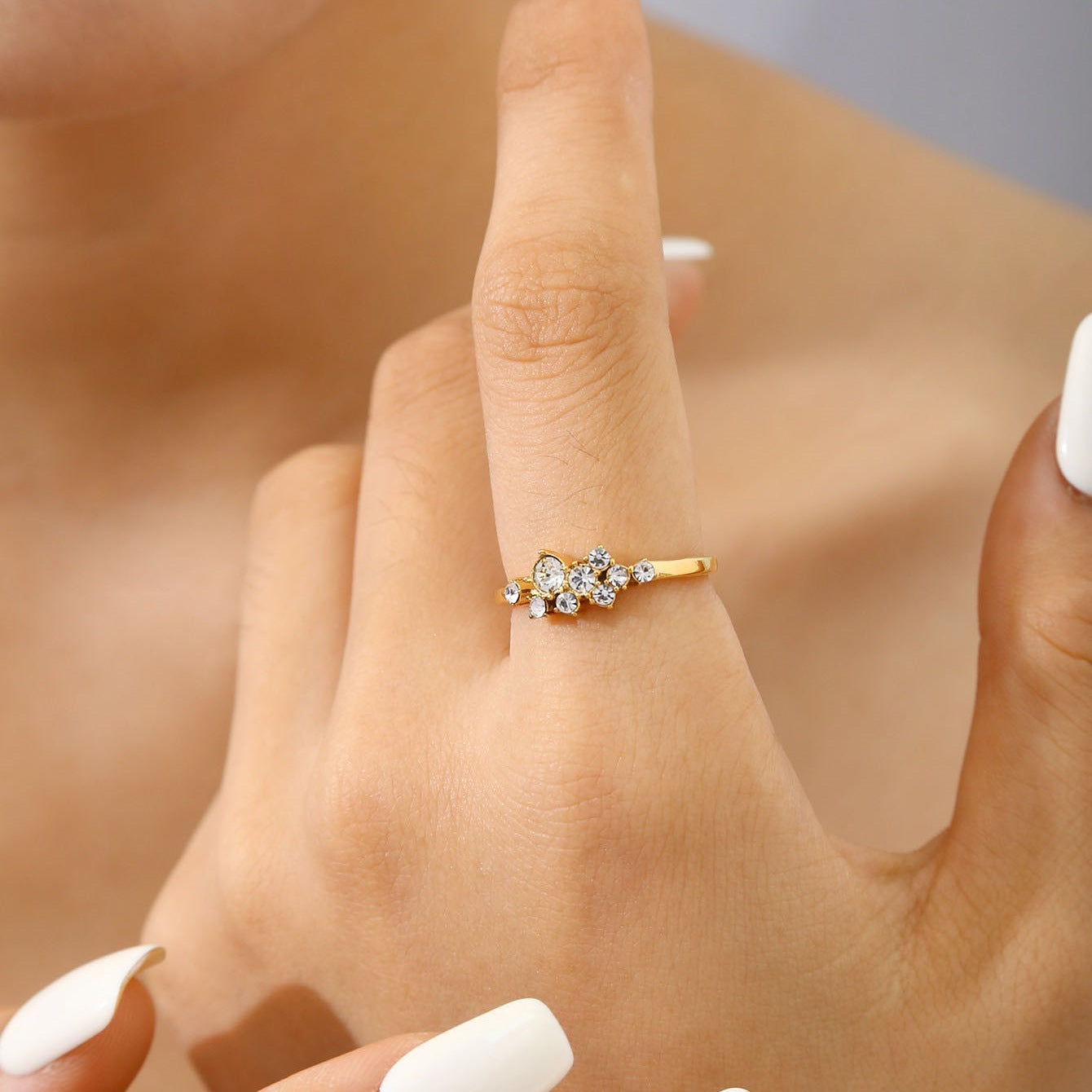 Irregular Cluster CZ Adjustable Open Ring 18K Gold Plated Waterproof Zircon Flower Cuff Rings