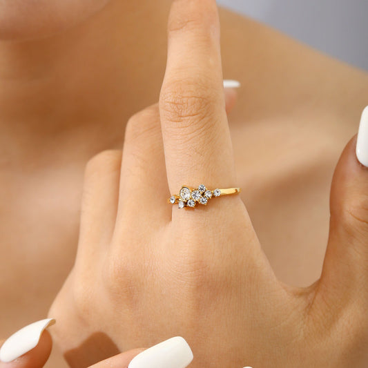 Irregular Cluster CZ Adjustable Open Ring 18K Gold Plated Waterproof Zircon Flower Cuff Rings
