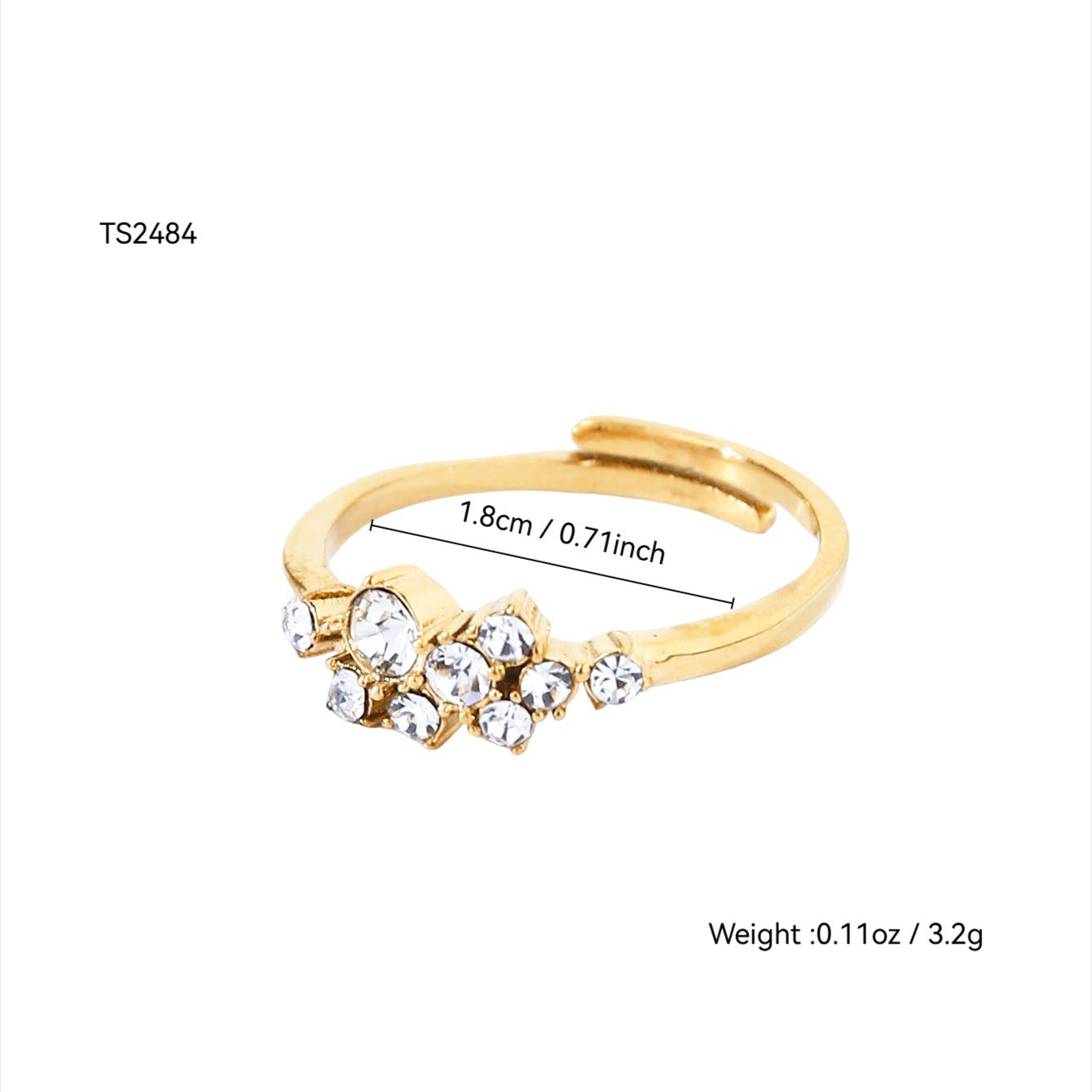 Irregular Cluster CZ Adjustable Open Ring 18K Gold Plated Waterproof Zircon Flower Cuff Rings