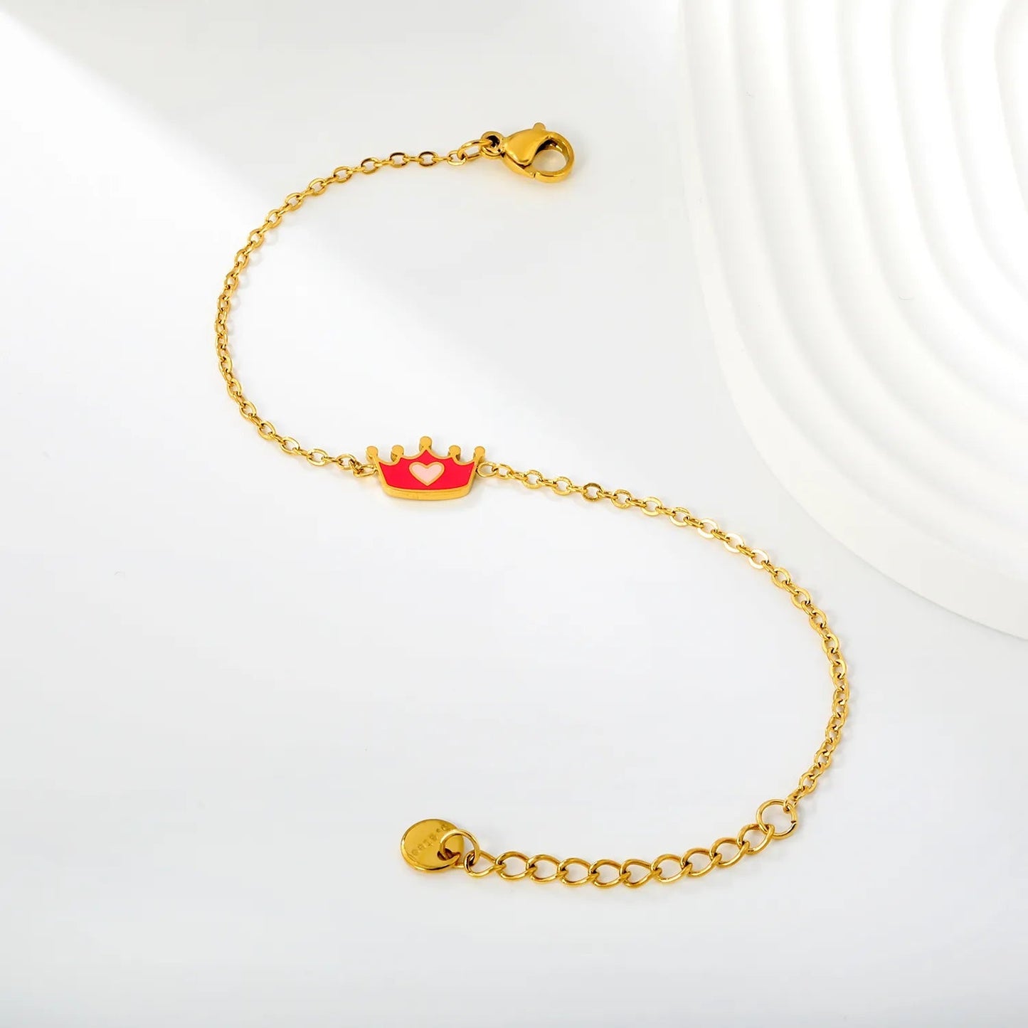 Princess Dream: Magenta Enamel Crown & Pink Heart Charm Bracelet