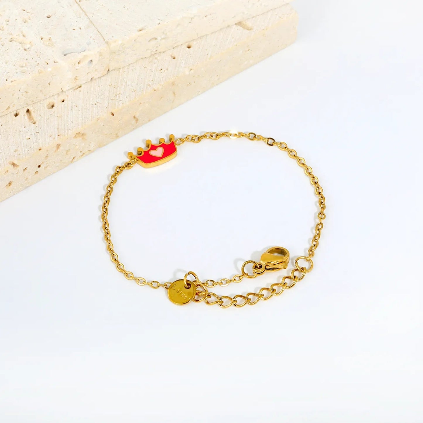 Princess Dream: Magenta Enamel Crown & Pink Heart Charm Bracelet