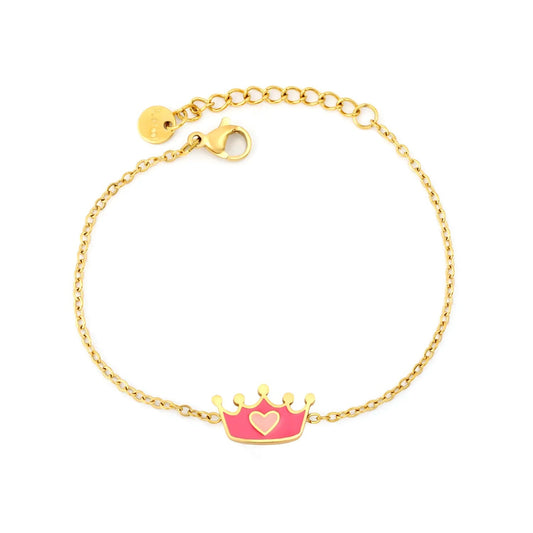 Princess Dream: Magenta Enamel Crown & Pink Heart Charm Bracelet