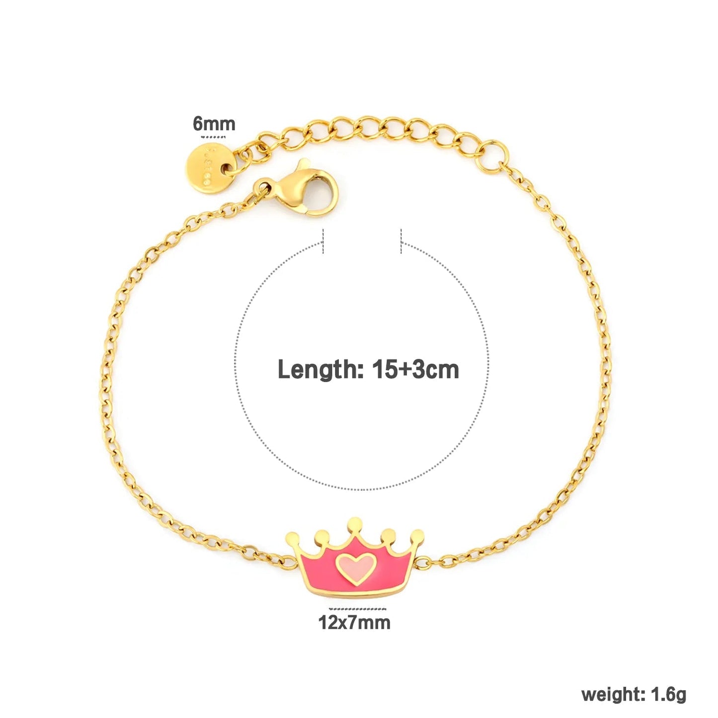 Princess Dream: Magenta Enamel Crown & Pink Heart Charm Bracelet