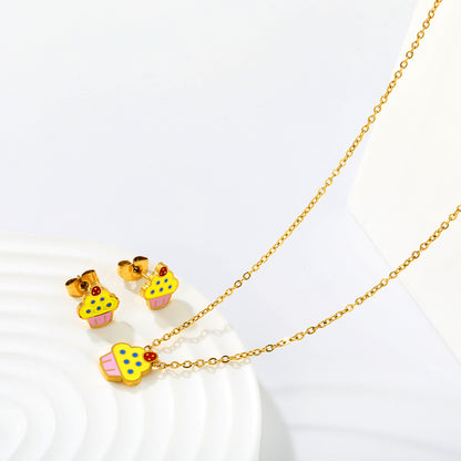 Colorful Cupcake Enamel Pendant Necklace and Stud Earrings Set
