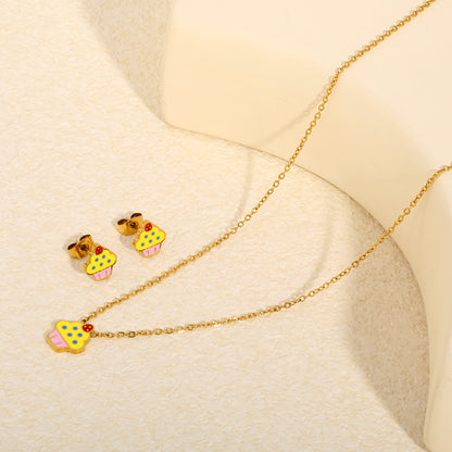 Colorful Cupcake Enamel Pendant Necklace and Stud Earrings Set
